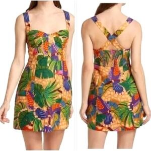 House of Harlow 1960 Sand Painted Toucans Mini Dress Linen Sz M New $150 MSRP
